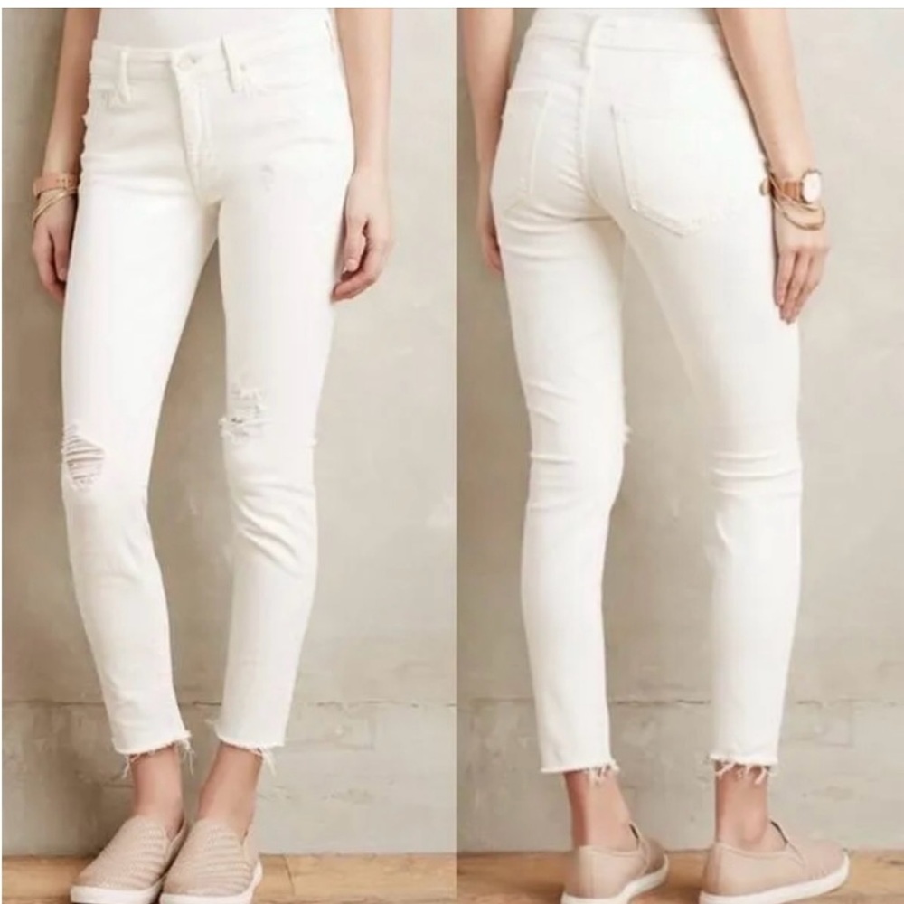 Mother Denim High Waisted Looker Ankle Fray Distressed Skinny Jeans Off White